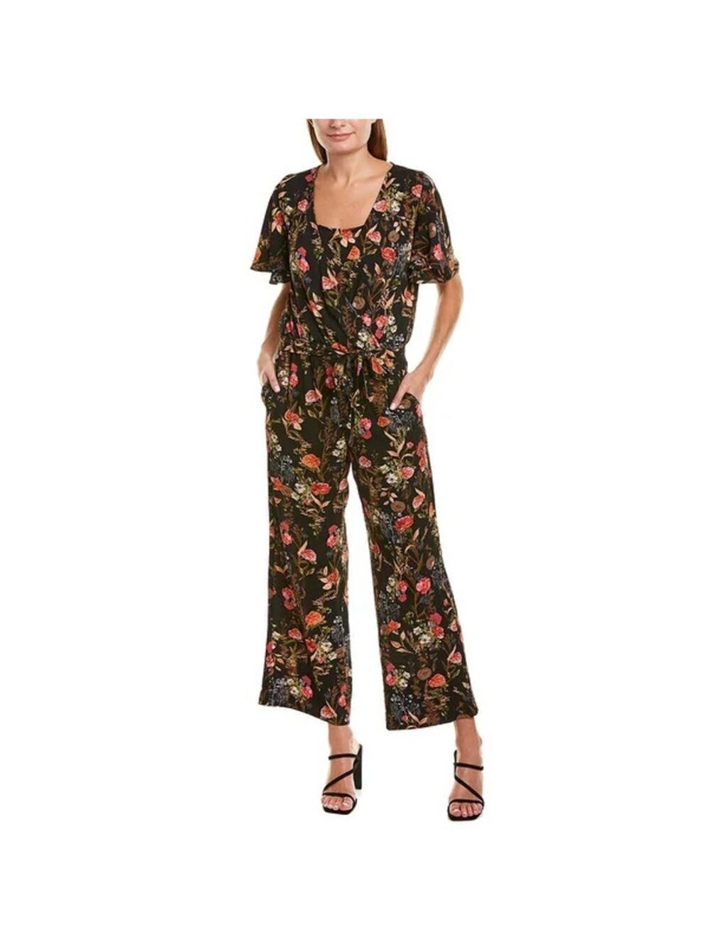 Marella Floral Wide Leg Jumpsuit Small Black Surplice Garden Girl